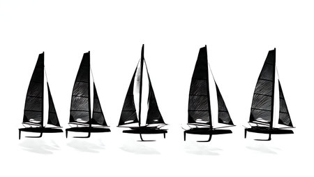 Six Black Solid Foiling Sailboat Silhouettes isolated on plain white background.のイラスト素材