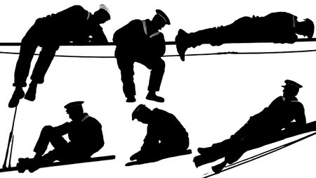 Collection of Six Black Solid Exhausted Sailors isolated on plain white background.のイラスト素材