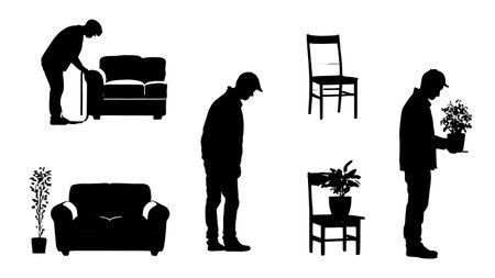 Six Black Solid Furniture and Home Decor Shopper Silhouettes isolated on plain white background.のイラスト素材