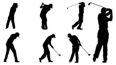 Set of Six Black Solid Golf Swing Key Frames isolated on plain white background.のイラスト素材