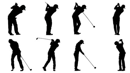 Set of Six Black Solid Golf Swing Key Frames isolated on plain white background.のイラスト素材