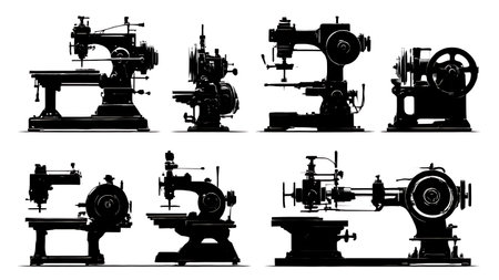 Collection of Six Black Solid Metal Lathe Silhouettes isolated on plain white background.のイラスト素材