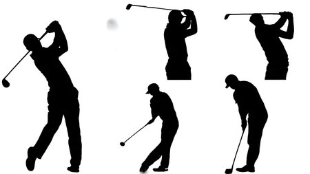 Set of Six Black Solid Down-the-Line Golf Swing isolated on plain white background.のイラスト素材