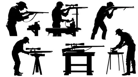 Six Black Solid Gunsmith Silhouettes isolated on plain white background.のイラスト素材