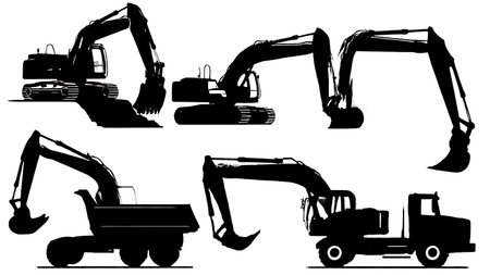 Set of Six Black Solid Hydraulic Excavator Action Silhouettes on White Background isolated on plain white background.のイラスト素材