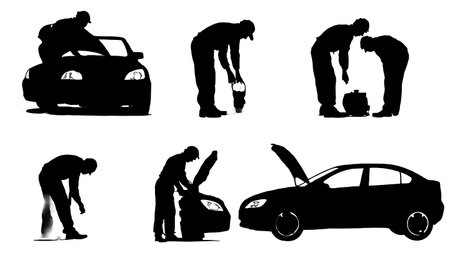 Mechanic Replacing Headlight Bulb Silhouette Collection isolated on plain white background.のイラスト素材