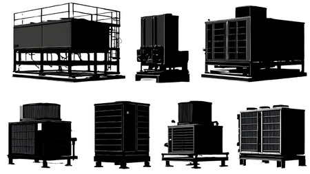 Six Dynamic Black Solid Industrial HVAC Unit isolated on plain white background.のイラスト素材