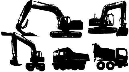 Set of Six Black Solid Hydraulic Excavator Action Silhouettes on White Background isolated on plain white background.のイラスト素材