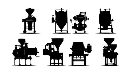 Set of Six Black Solid Bag Filling Machine isolated on plain white background.のイラスト素材
