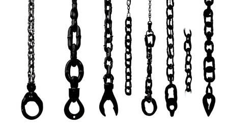 Six Dynamic Black Solid Industrial Chain and Hook isolated on plain white background.
