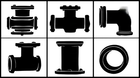 Six Black Solid Industrial Pipeline Component Silhouettes isolated on plain white background.のイラスト素材