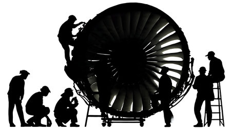 Aviation Mechanic Repairing Aircraft Engine Silhouette Set isolated on plain white background.