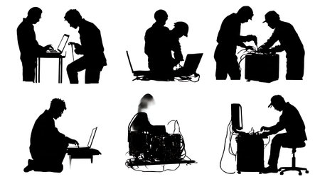 Collection of Six Black Solid Electronics Technician Silhouettes isolated on plain white background.のイラスト素材
