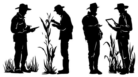 Six Black Solid Agronomist Crop Inspection Silhouettes isolated on plain white background.のイラスト素材