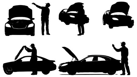 Mechanic Closing Car Hood After Service Silhouette Pack isolated on plain white background.のイラスト素材
