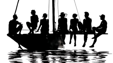 Six Black Solid Casual Day Sailing Silhouettes isolated on plain white background.のイラスト素材