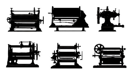 Six Dynamic Black Solid Industrial Winder isolated on plain white background.のイラスト素材