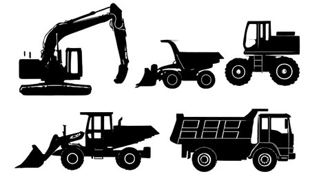 Six Black Solid Earthmoving Equipment Lineup isolated on plain white background.のイラスト素材
