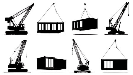 Collection of Six Black Solid Crane Lifting Modular Unit isolated on plain white background.のイラスト素材