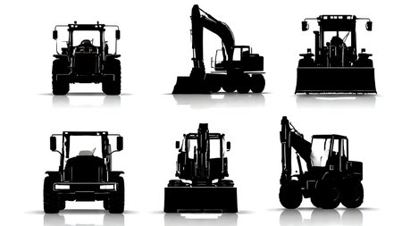 Set of Six Black Solid Construction Equipment Front View Silhouettes isolated on plain white background.のイラスト素材