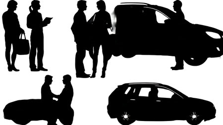 Set of Six Black Solid Car Shopper Silhouettes isolated on plain white background.のイラスト素材