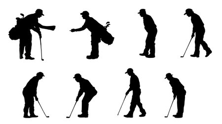 Six Black Solid Caddie and Golfer Silhouettes isolated on plain white background.のイラスト素材