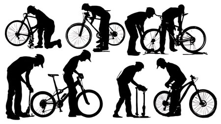 Bicycle Mechanic Assembling and Repairing Bikes Silhouette Collection isolated on plain white background.のイラスト素材