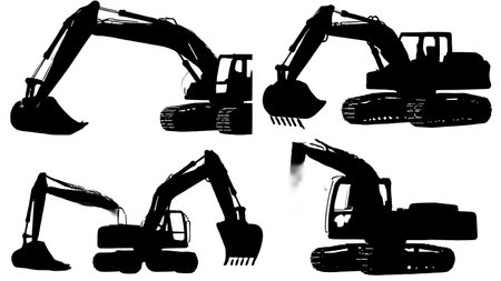 Six Black Solid Crawler Loader isolated on plain white background.のイラスト素材