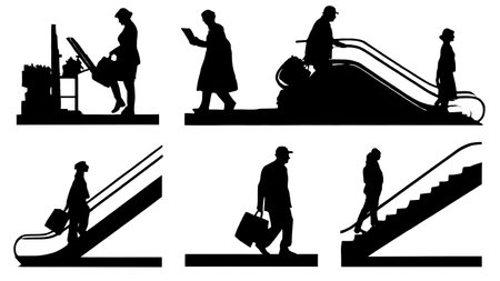 Collection of Six Black Solid Department Store Shoppers isolated on plain white background.のイラスト素材