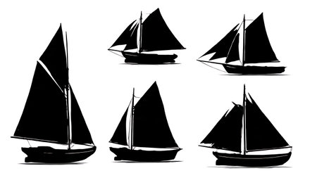 Six Black Solid Gaff Rigged Sailboat Silhouettes isolated on plain white background.のイラスト素材