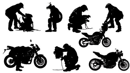 Black Solid Motorcycle Mechanic Repair Pose Silhouettes isolated on plain white background.のイラスト素材