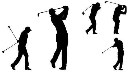 Collection of Six Black Solid Fairway Wood Swing Silhouettes isolated on plain white background.のイラスト素材