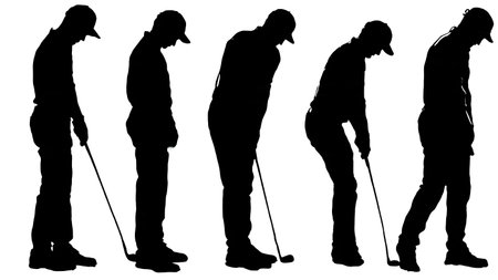 Collection of Six Black Solid Golf Posture isolated on plain white background.のイラスト素材