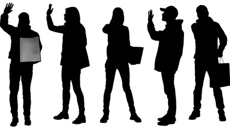 Collection of Six Black Solid Shopper Needing Help isolated on plain white background.のイラスト素材