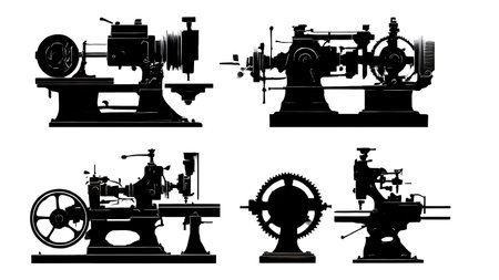 Collection of Six Black Solid Metal Lathe Silhouettes isolated on plain white background.のイラスト素材