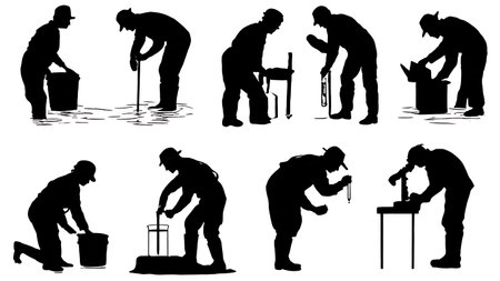 Six Black Solid Hydrologist Water Sampling Silhouettes isolated on plain white background.のイラスト素材