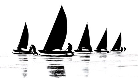 Six Dynamic Black Solid Ice Boat Silhouettes isolated on plain white background.のイラスト素材
