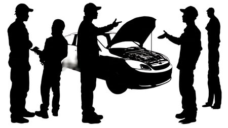 Mechanic Explaining Repair to Car Owner Silhouette Set isolated on plain white background.のイラスト素材
