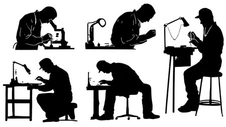 Set of Six Black Solid Bench Jeweler Silhouettes isolated on plain white background.のイラスト素材