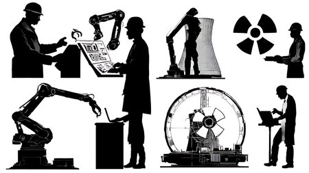 Six Dynamic Black Solid Nuclear Engineer Silhouettes isolated on plain white background.のイラスト素材