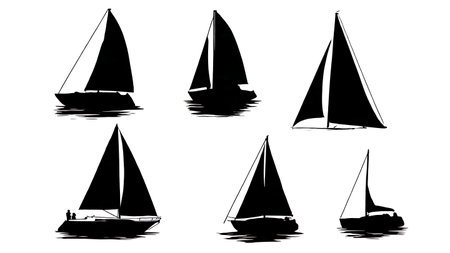 Set of Six Black Solid Night Sailing Silhouettes isolated on plain white background.のイラスト素材