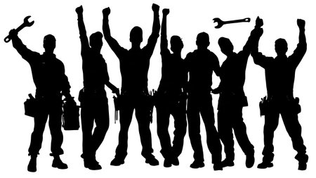 Mechanic Team Celebrating a Successful Repair Silhouette Set isolated on plain white background.のイラスト素材