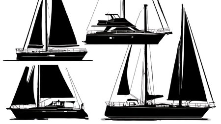 Six Dynamic Black Solid Motor Sailor Silhouettes isolated on plain white background.のイラスト素材