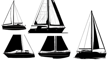 Six Dynamic Black Solid Motor Sailor Silhouettes isolated on plain white background.のイラスト素材