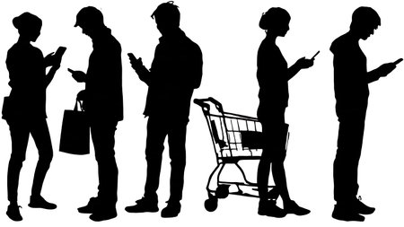 Set of Six Black Solid Shopper Using Store App isolated on plain white background.のイラスト素材