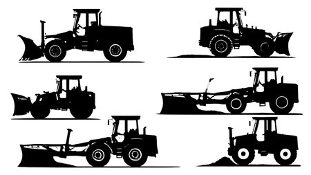 Six Black Solid Motor Grader Leveling Silhouettes isolated on plain white background.のイラスト素材