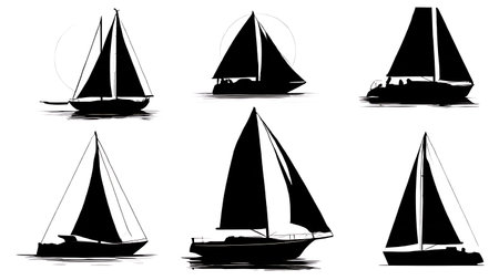 Set of Six Black Solid Night Sailing Silhouettes isolated on plain white background.のイラスト素材