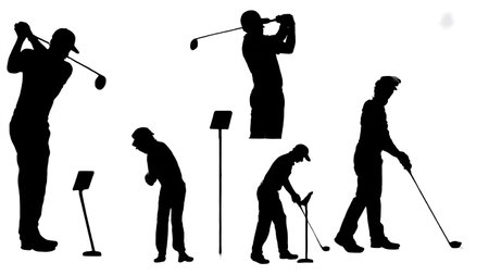 Collection of Six Black Solid Golfer with Launch Monitor isolated on plain white background.のイラスト素材