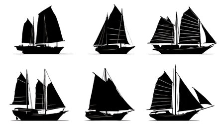 Six Black Solid Junk Rig Sailboat Silhouettes isolated on plain white background.のイラスト素材