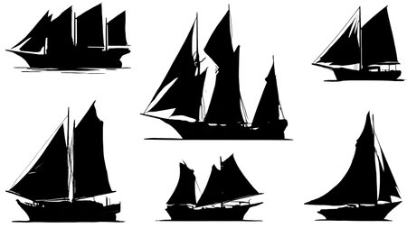 Six Dynamic Black Solid Junk Rig Reefing isolated on plain white background.のイラスト素材